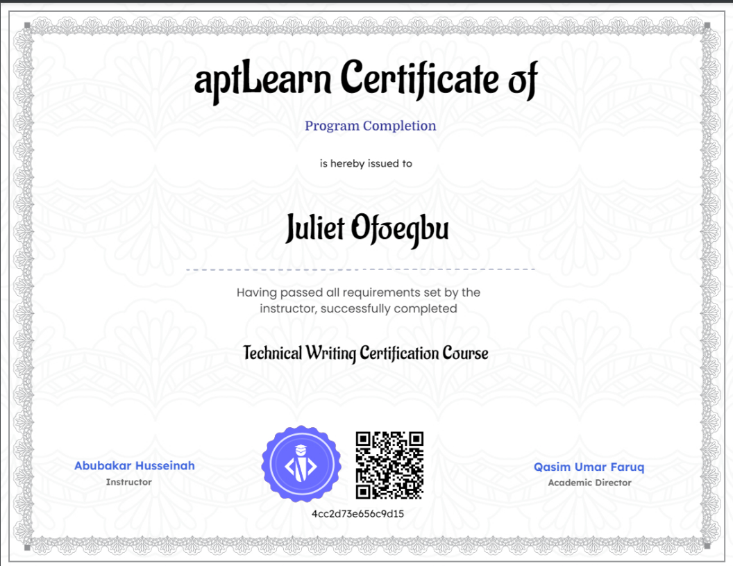 aptlearn tech writing certificate